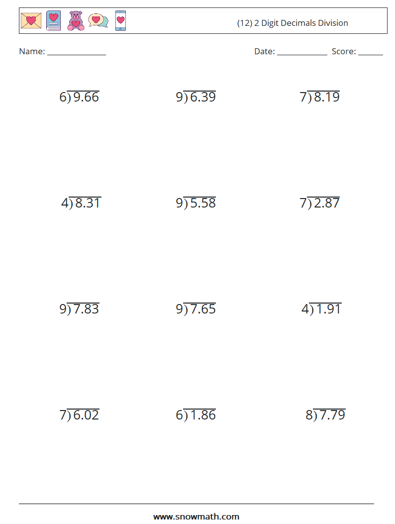 (12) 2 Digit Decimals Division Maths Worksheets 10