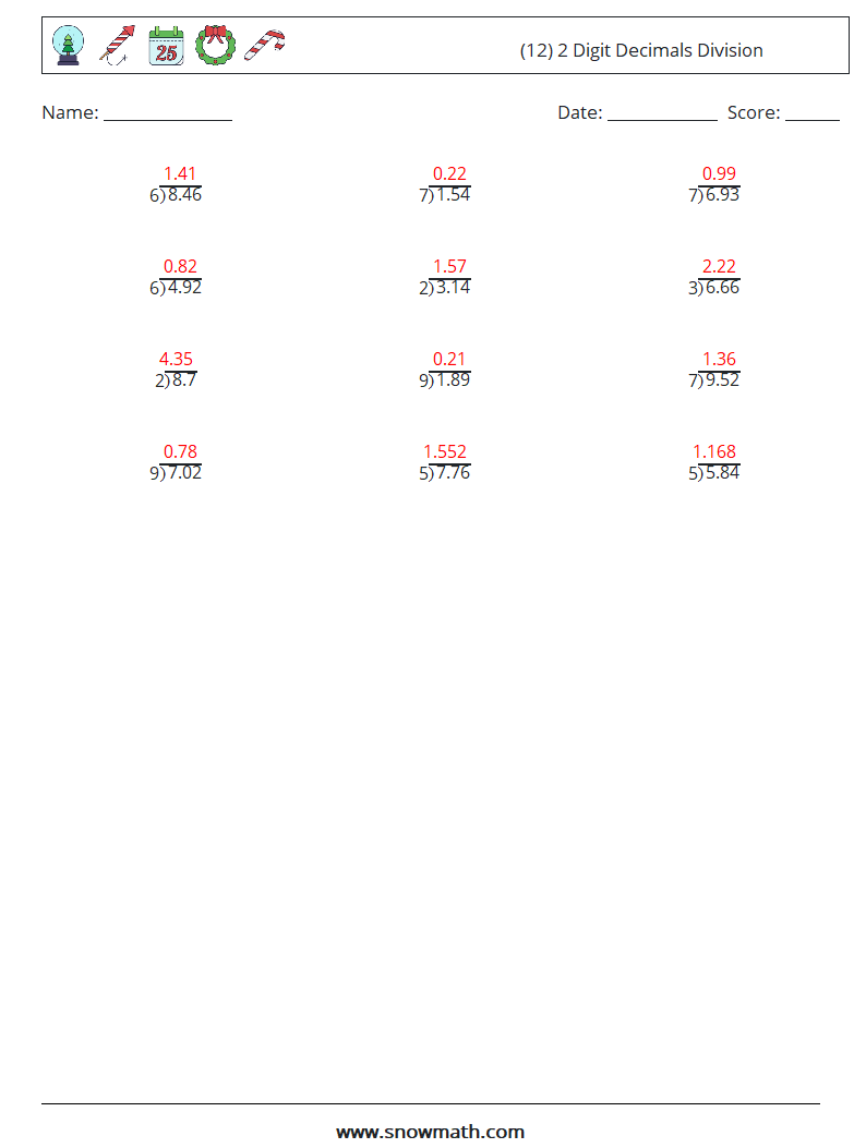 (12) 2 Digit Decimals Division Maths Worksheets 11 Question, Answer