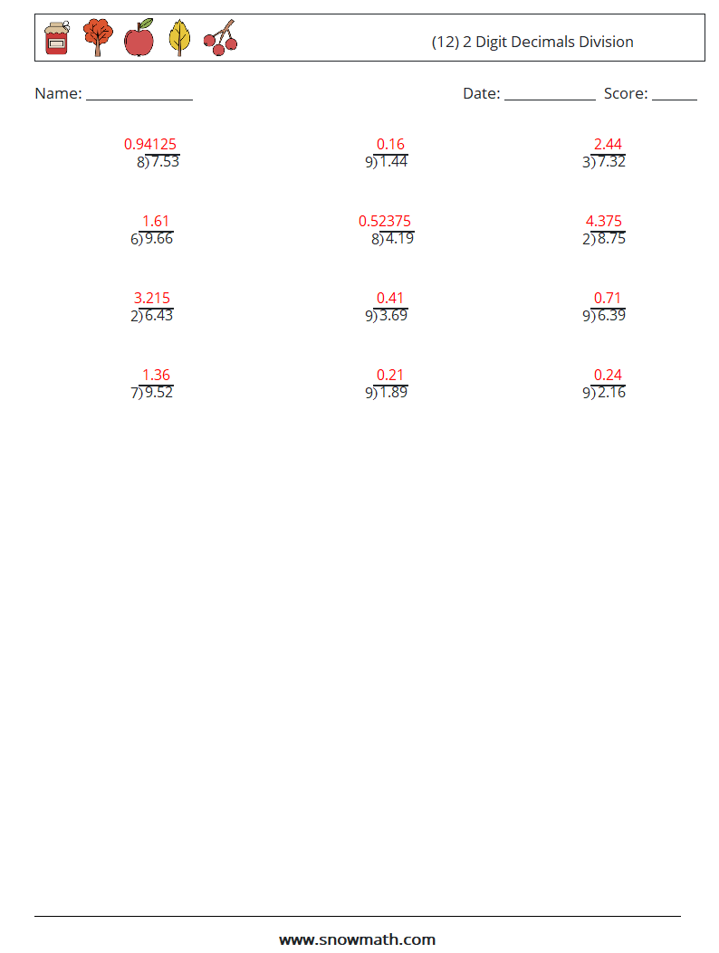 (12) 2 Digit Decimals Division Maths Worksheets 12 Question, Answer