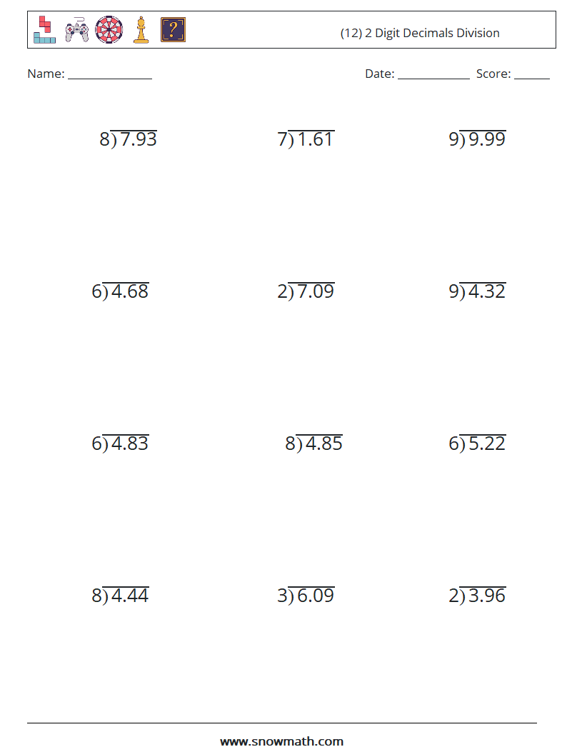 (12) 2 Digit Decimals Division Maths Worksheets 13