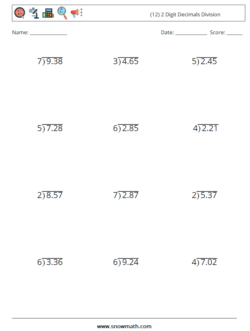 (12) 2 Digit Decimals Division Maths Worksheets 15