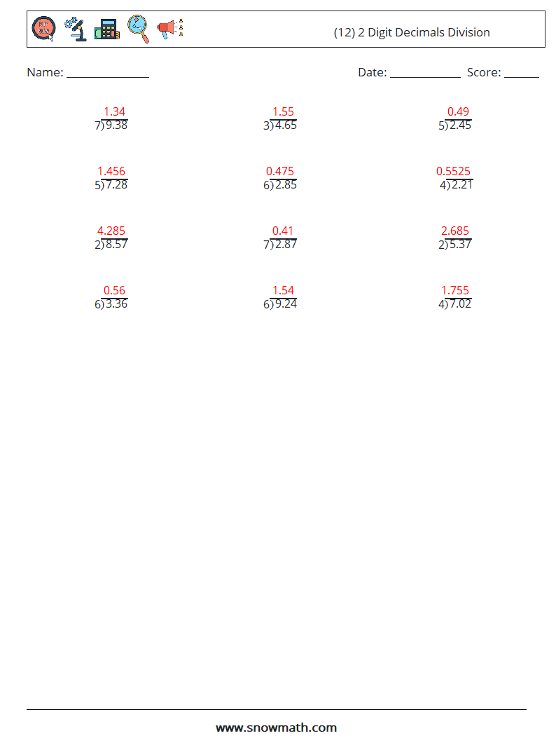 (12) 2 Digit Decimals Division Maths Worksheets 15 Question, Answer