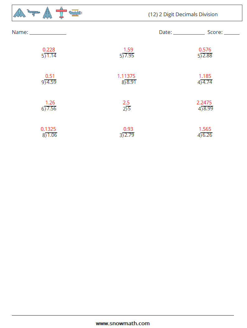 (12) 2 Digit Decimals Division Maths Worksheets 16 Question, Answer