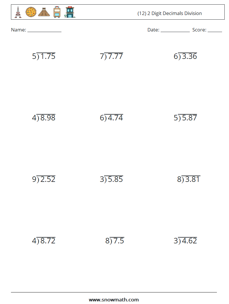 (12) 2 Digit Decimals Division Maths Worksheets 17