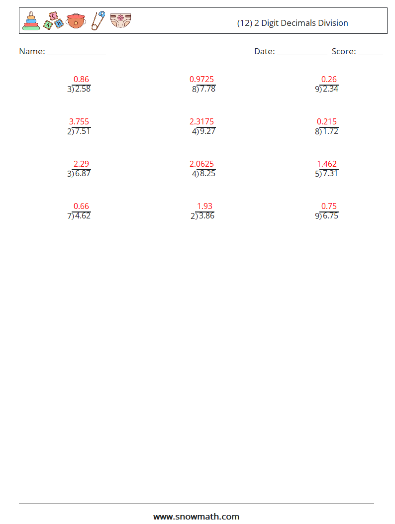 (12) 2 Digit Decimals Division Maths Worksheets 18 Question, Answer