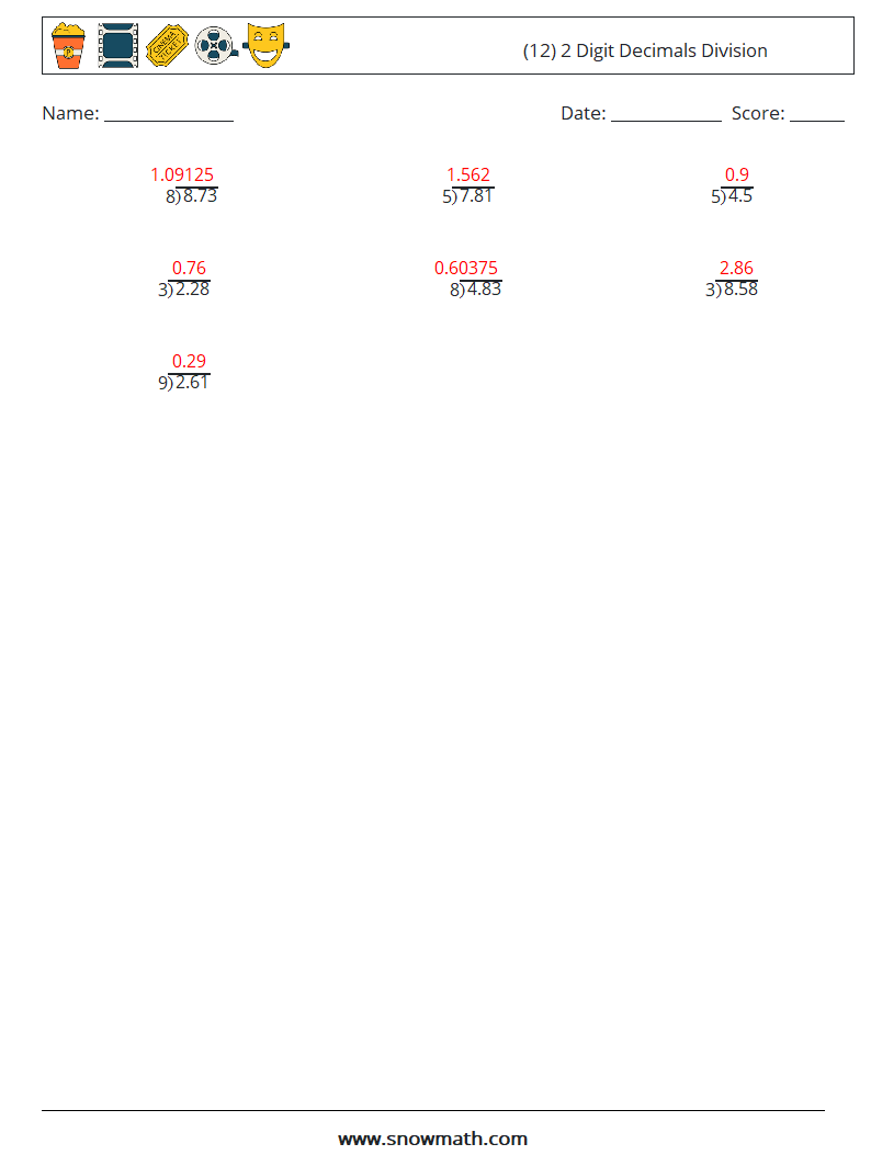 (12) 2 Digit Decimals Division Maths Worksheets 1 Question, Answer