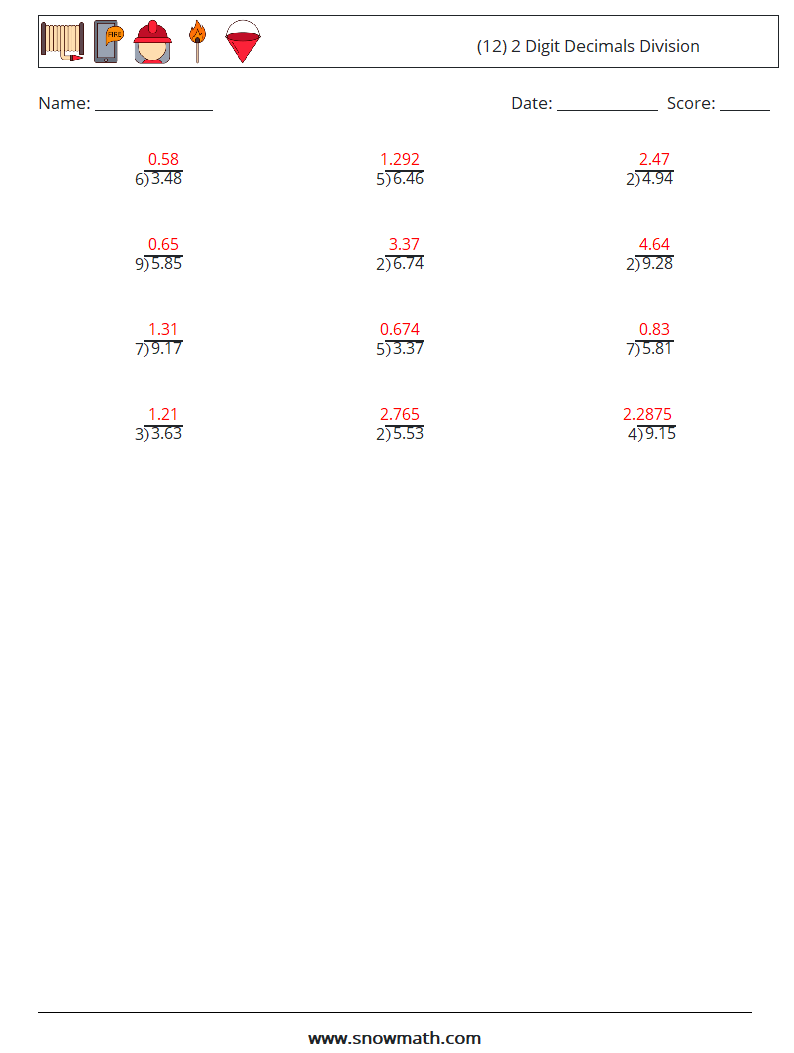 (12) 2 Digit Decimals Division Maths Worksheets 2 Question, Answer