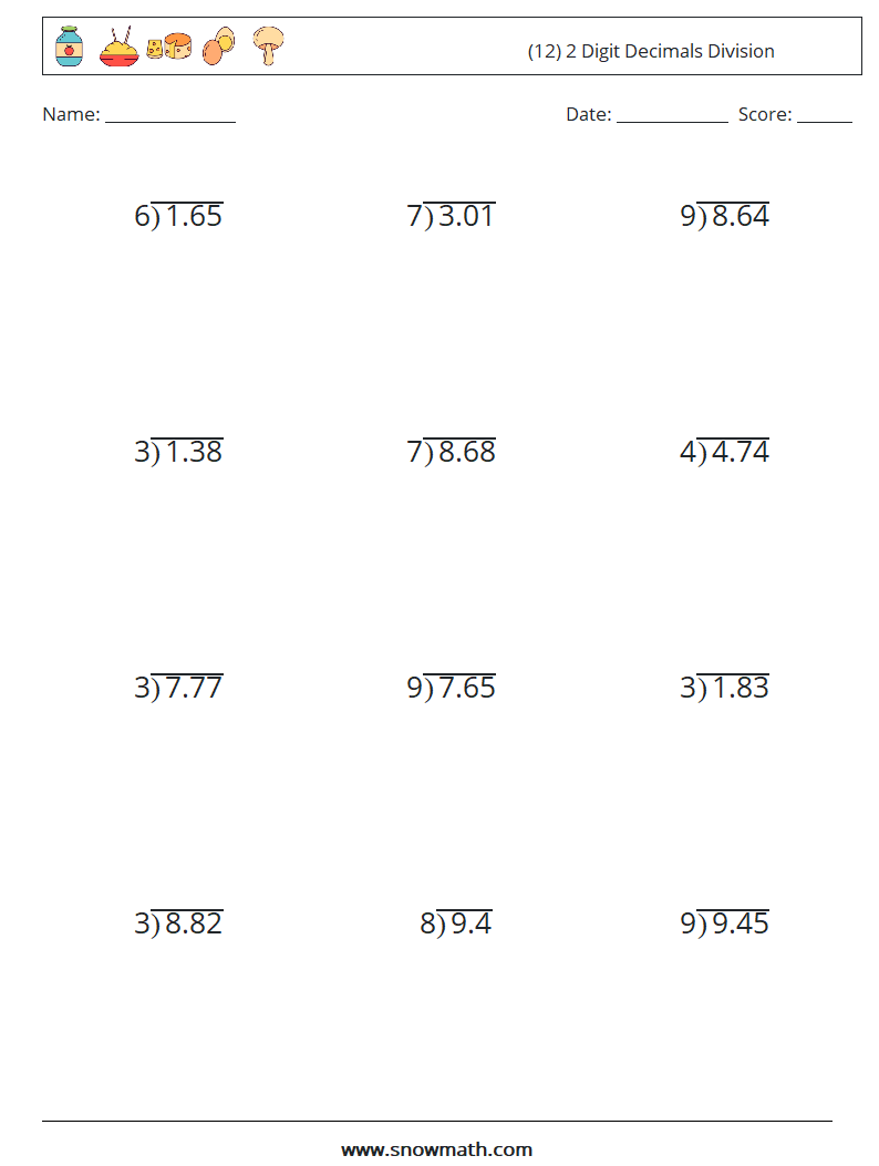 (12) 2 Digit Decimals Division Maths Worksheets 3