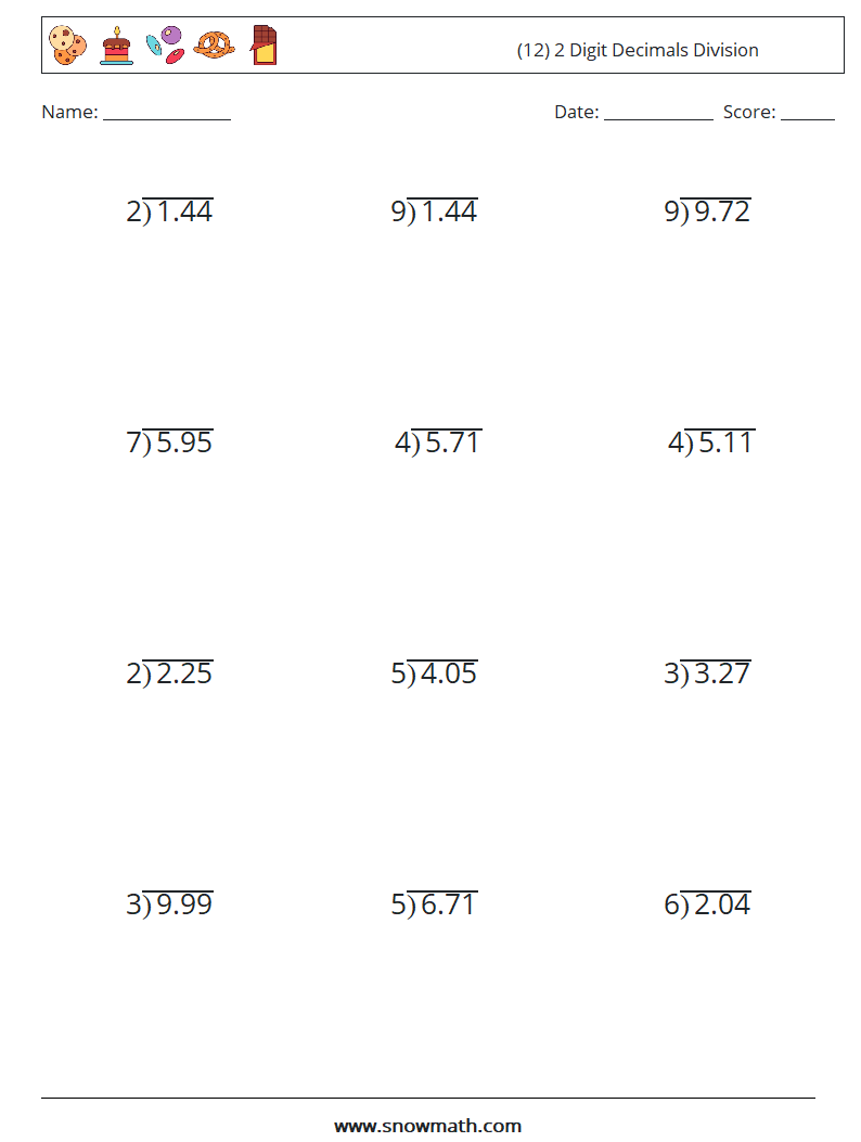 (12) 2 Digit Decimals Division Maths Worksheets 6