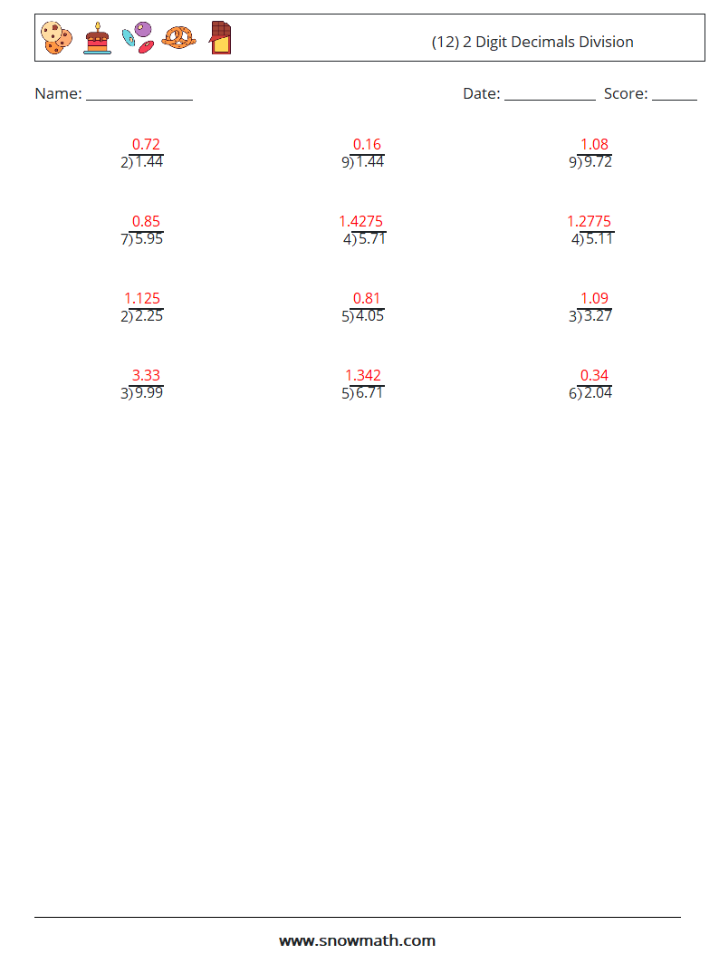 (12) 2 Digit Decimals Division Maths Worksheets 6 Question, Answer