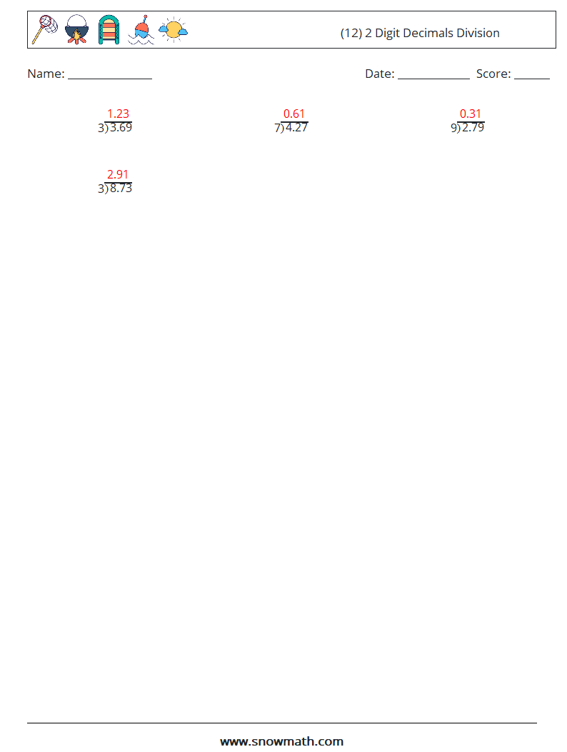 (12) 2 Digit Decimals Division Maths Worksheets 7 Question, Answer