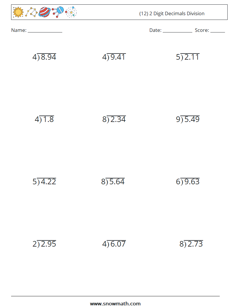 (12) 2 Digit Decimals Division Maths Worksheets 8