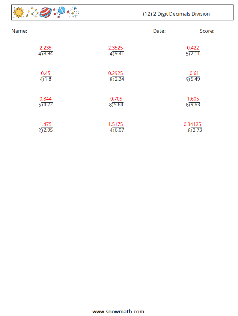 (12) 2 Digit Decimals Division Maths Worksheets 8 Question, Answer