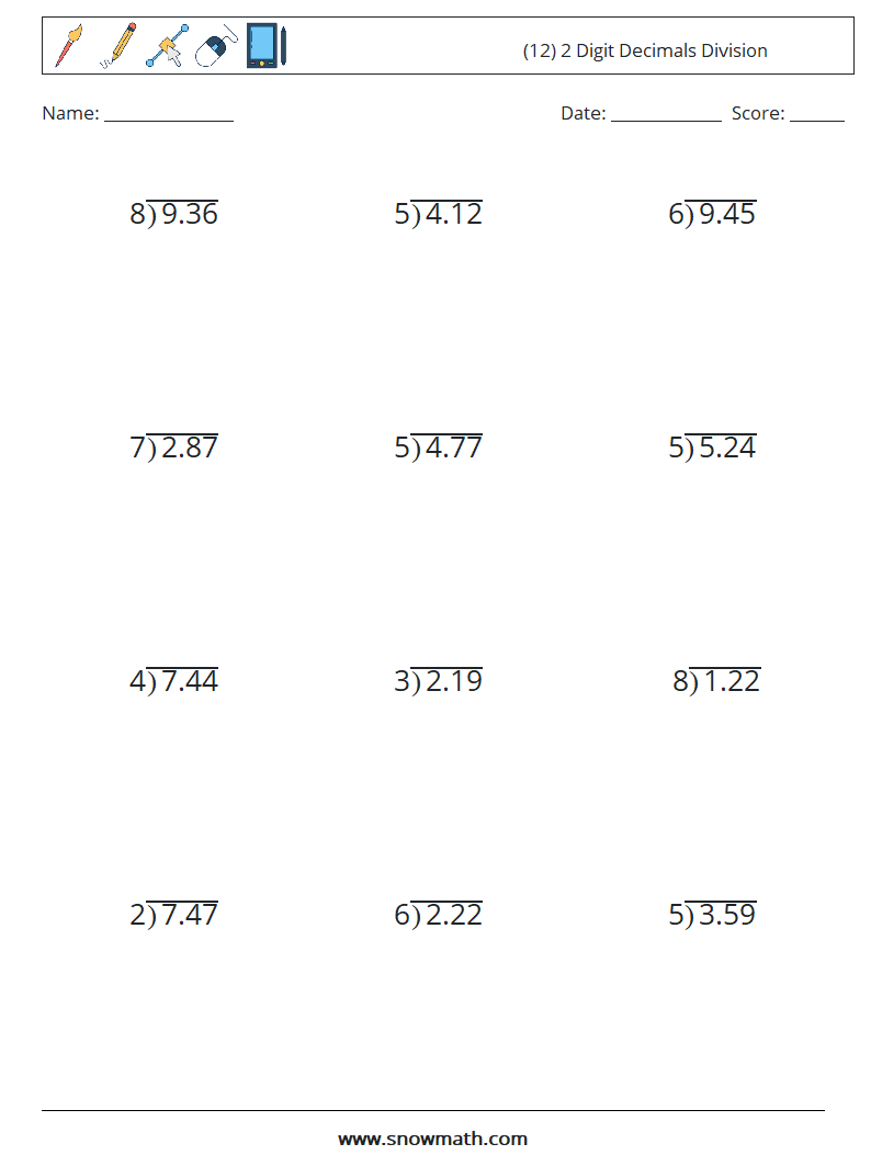 (12) 2 Digit Decimals Division Maths Worksheets 9