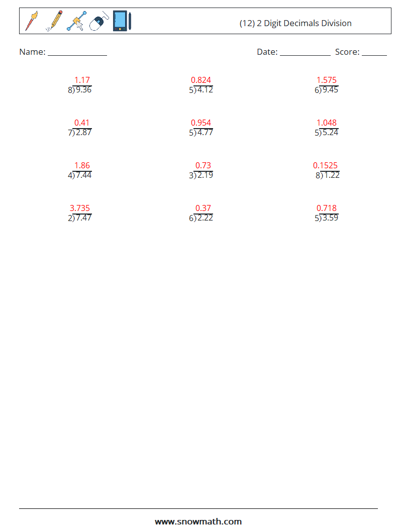 (12) 2 Digit Decimals Division Maths Worksheets 9 Question, Answer