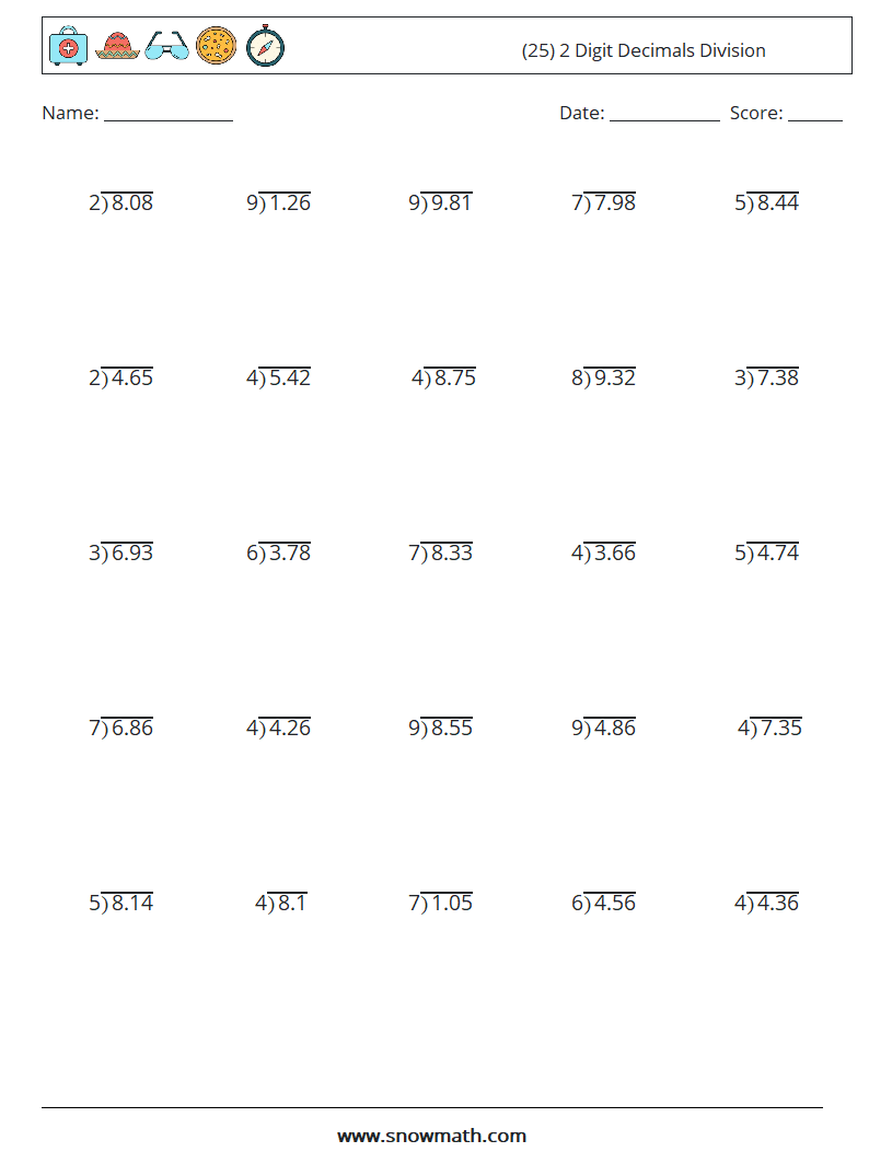 (25) 2 Digit Decimals Division Maths Worksheets 11