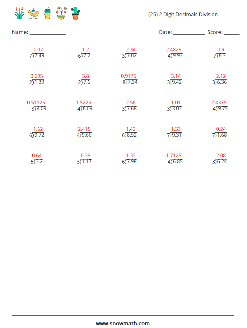 (25) 2 Digit Decimals Division Maths Worksheets 12 Question, Answer