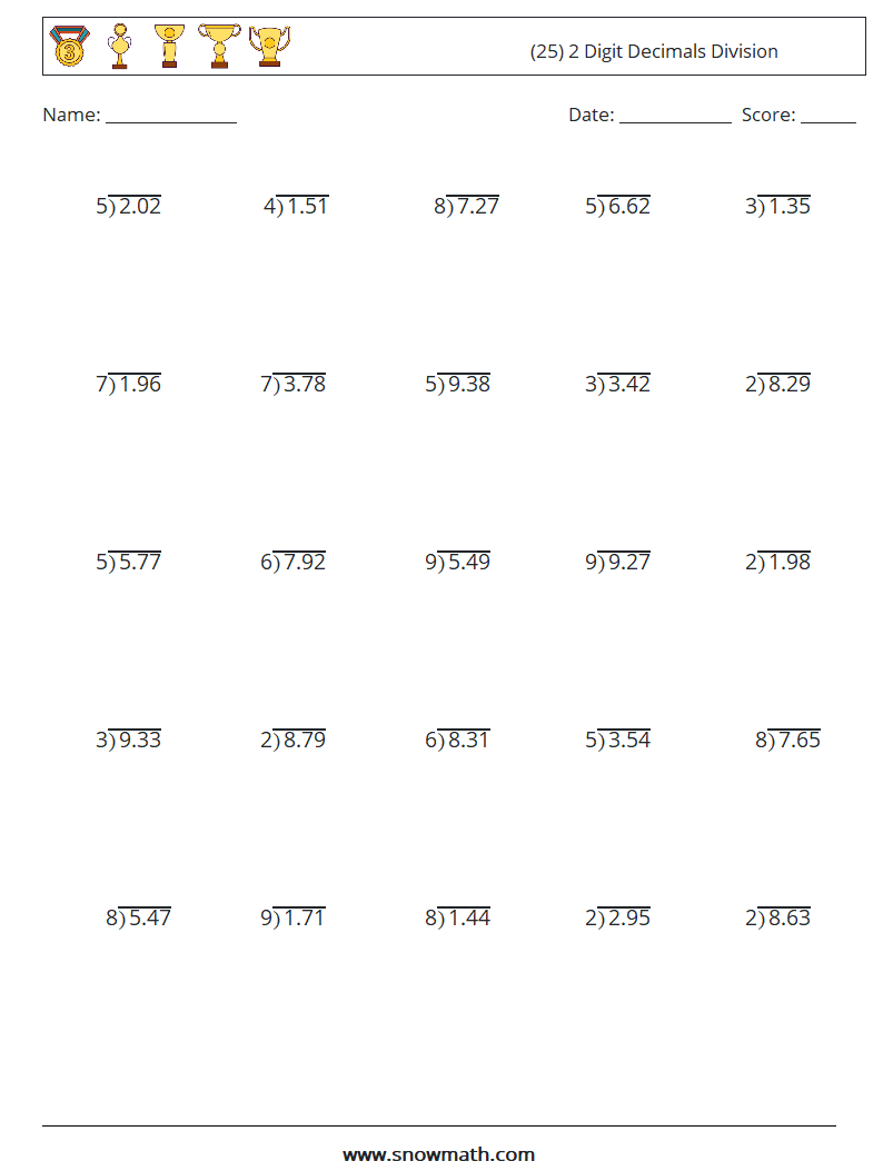 (25) 2 Digit Decimals Division Maths Worksheets 14