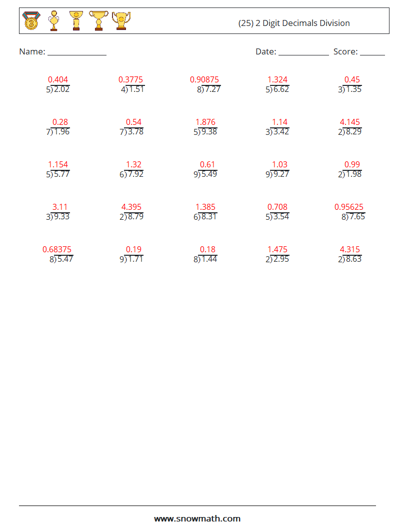 (25) 2 Digit Decimals Division Maths Worksheets 14 Question, Answer