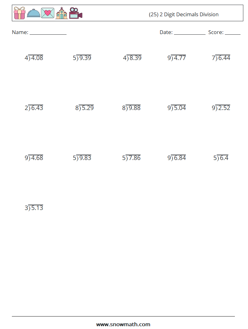 (25) 2 Digit Decimals Division Maths Worksheets 15