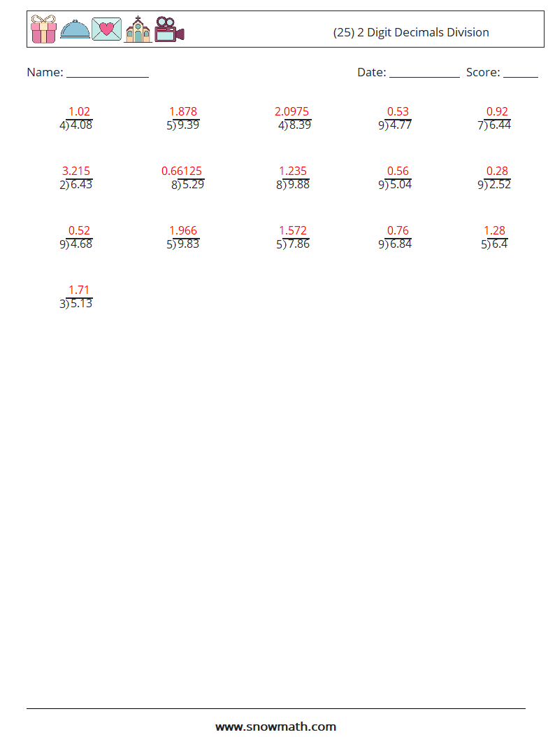 (25) 2 Digit Decimals Division Maths Worksheets 15 Question, Answer