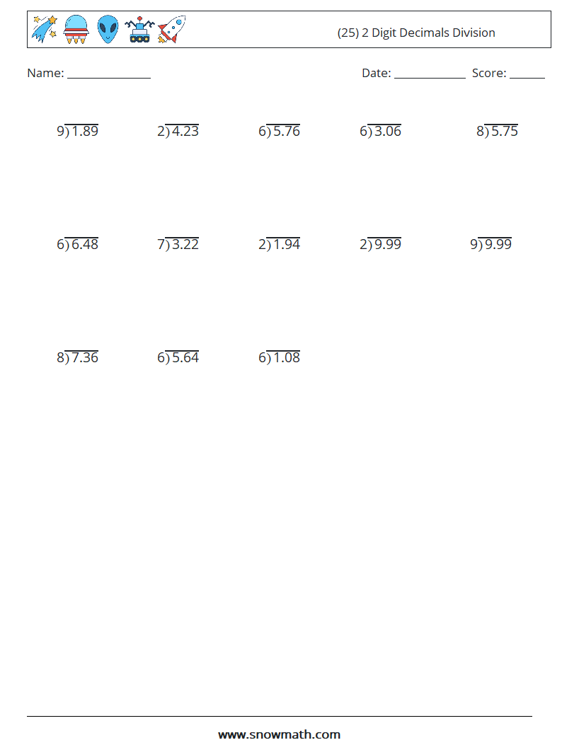 (25) 2 Digit Decimals Division Maths Worksheets 16