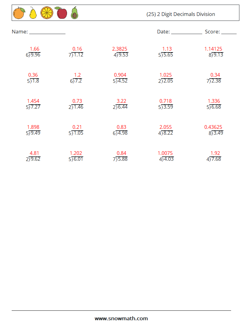 (25) 2 Digit Decimals Division Maths Worksheets 17 Question, Answer