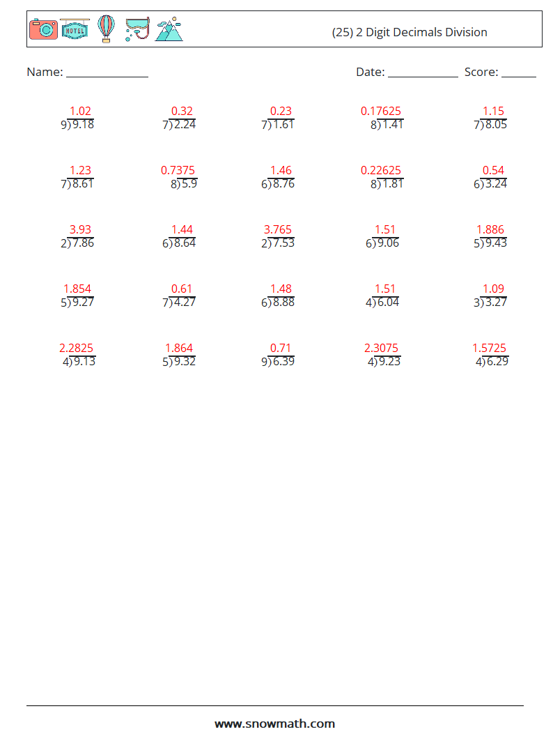 (25) 2 Digit Decimals Division Maths Worksheets 18 Question, Answer