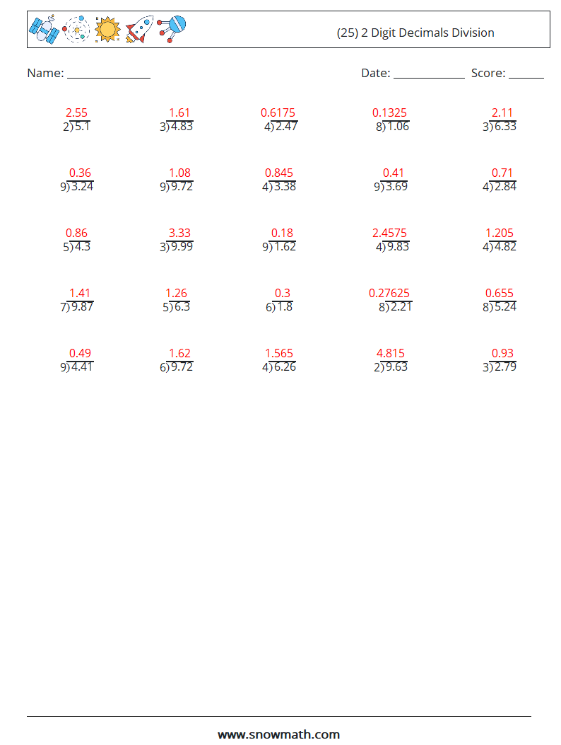 (25) 2 Digit Decimals Division Maths Worksheets 1 Question, Answer