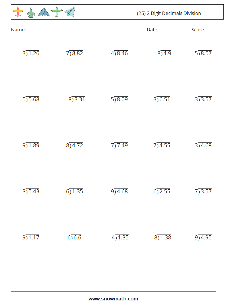 (25) 2 Digit Decimals Division Maths Worksheets 2