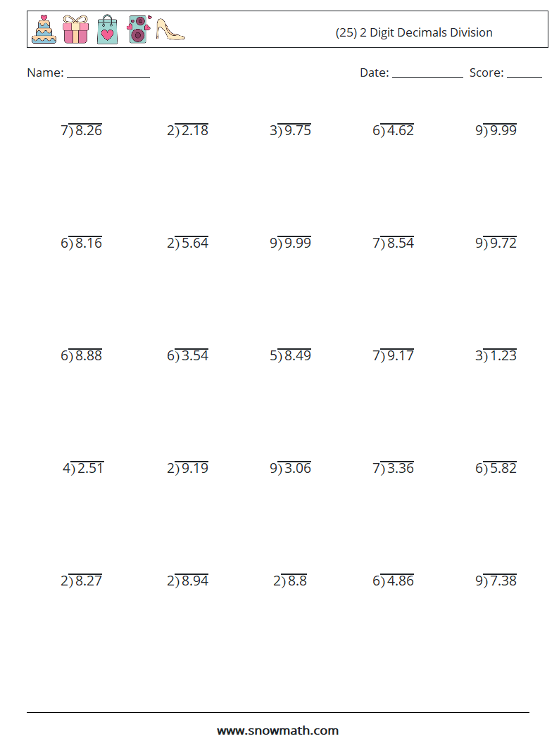 (25) 2 Digit Decimals Division Maths Worksheets 3