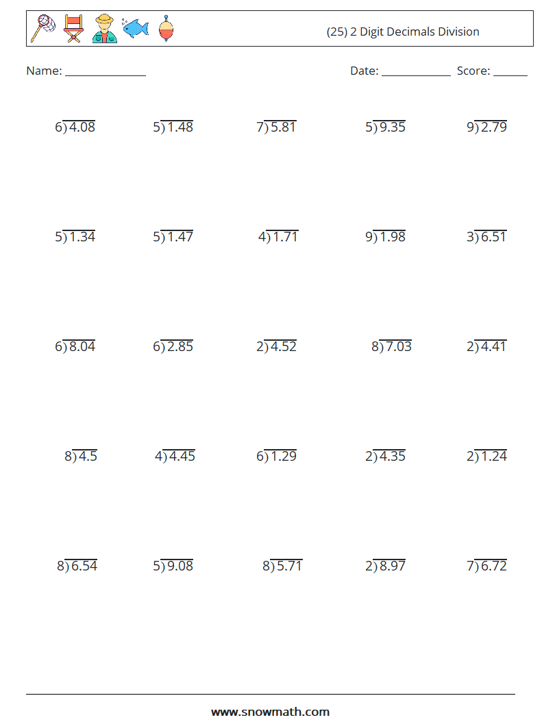 (25) 2 Digit Decimals Division Maths Worksheets 5