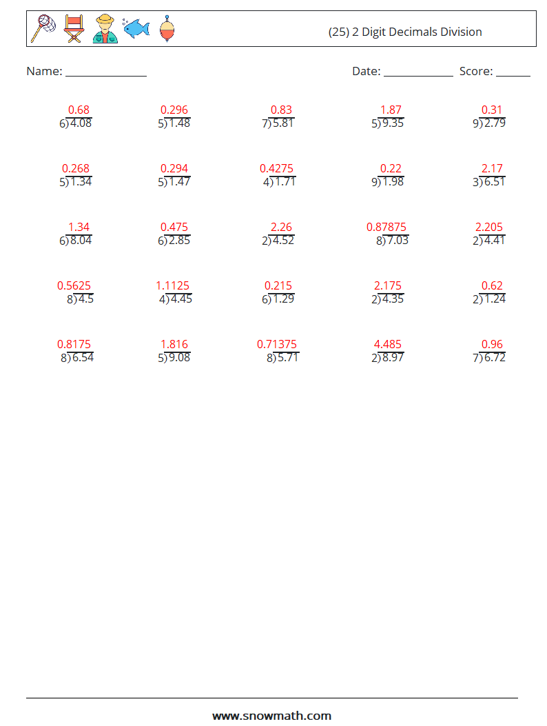 (25) 2 Digit Decimals Division Maths Worksheets 5 Question, Answer