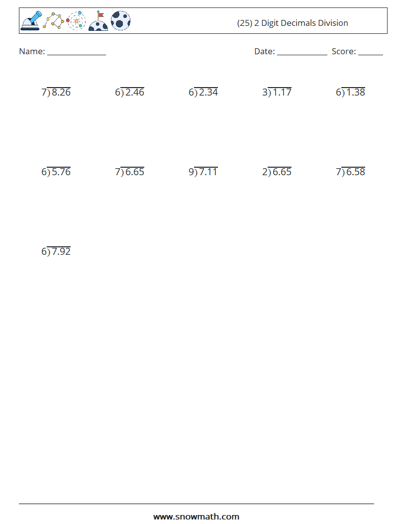 (25) 2 Digit Decimals Division Maths Worksheets 6