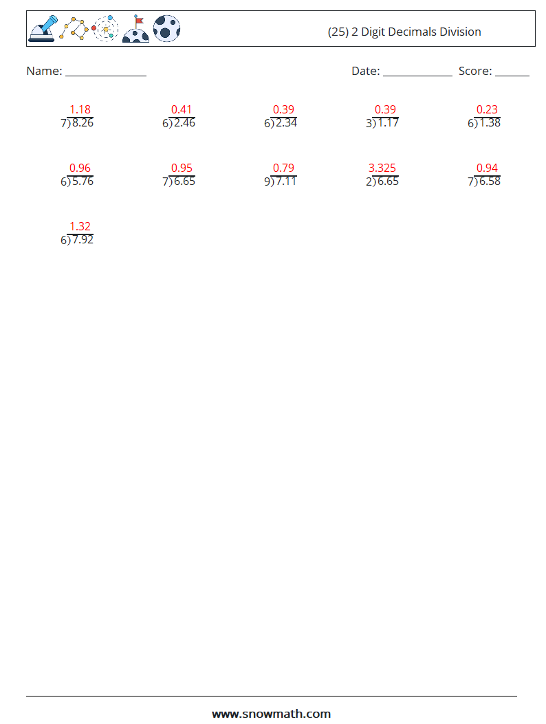 (25) 2 Digit Decimals Division Maths Worksheets 6 Question, Answer