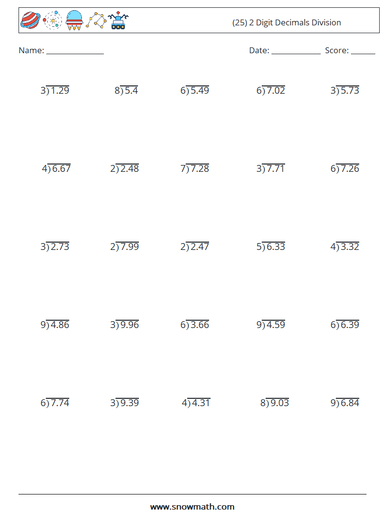 (25) 2 Digit Decimals Division Maths Worksheets 7