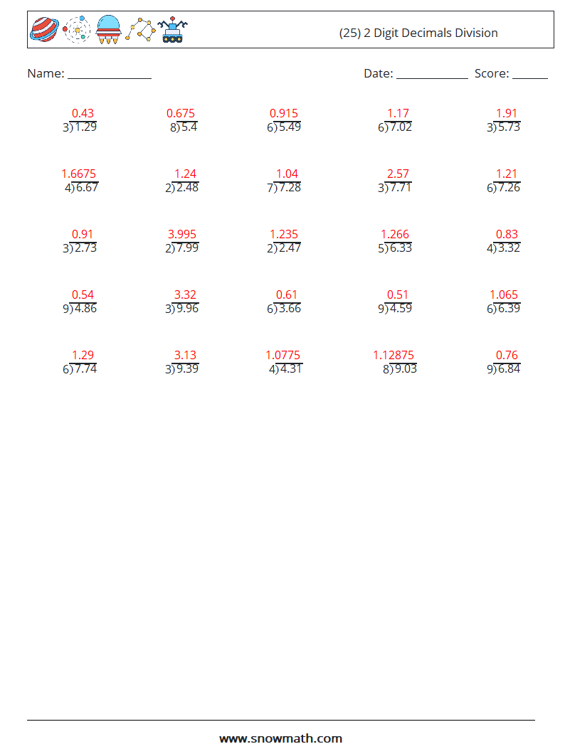 (25) 2 Digit Decimals Division Maths Worksheets 7 Question, Answer