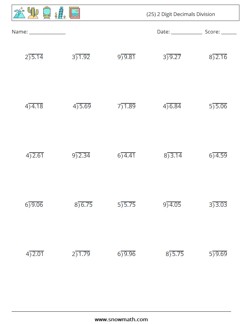 (25) 2 Digit Decimals Division Maths Worksheets 8