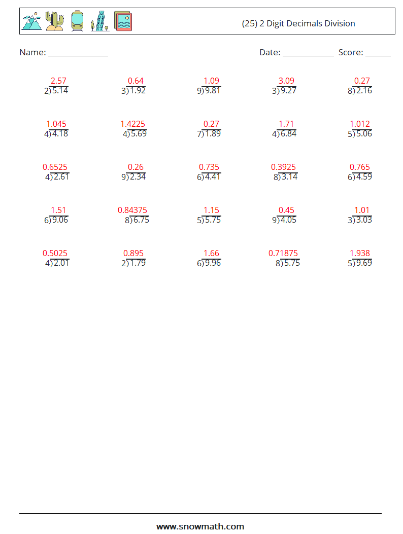 (25) 2 Digit Decimals Division Maths Worksheets 8 Question, Answer