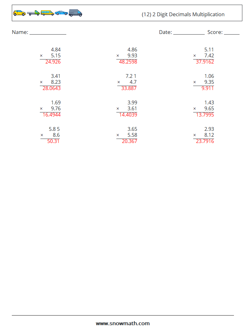 (12) 2 Digit Decimals Multiplication Maths Worksheets 18 Question, Answer