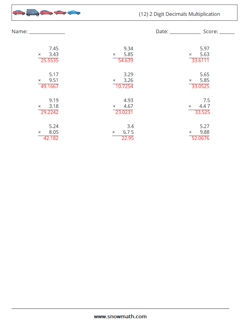 (12) 2 Digit Decimals Multiplication Maths Worksheets 1 Question, Answer