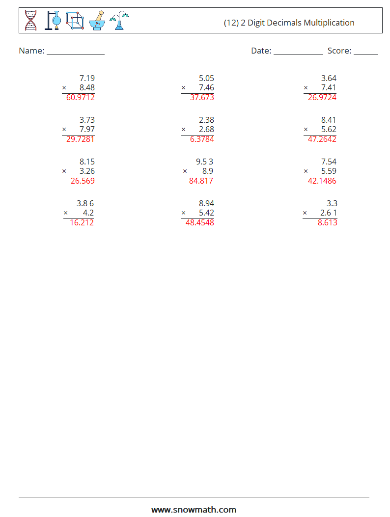 (12) 2 Digit Decimals Multiplication Maths Worksheets 2 Question, Answer