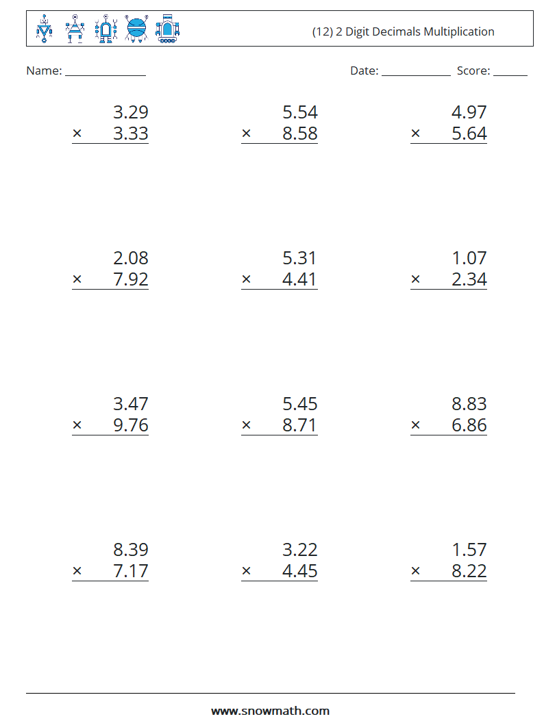 (12) 2 Digit Decimals Multiplication Maths Worksheets 4