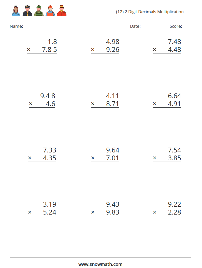 (12) 2 Digit Decimals Multiplication Maths Worksheets 6