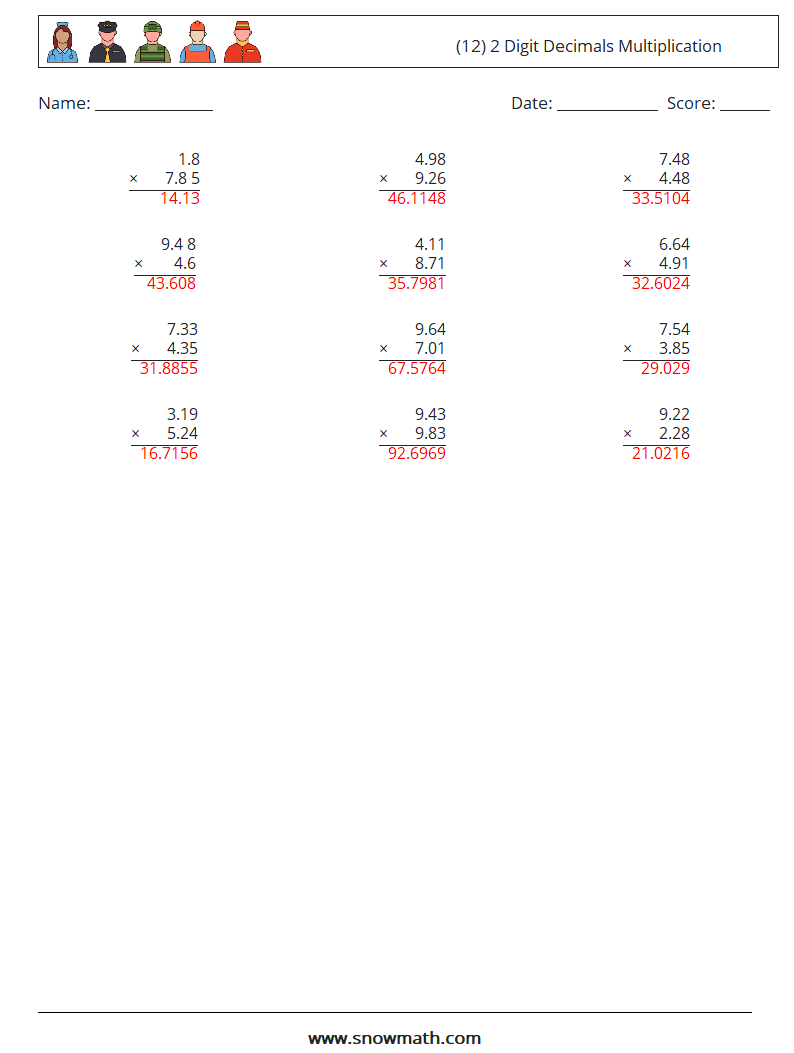 (12) 2 Digit Decimals Multiplication Maths Worksheets 6 Question, Answer