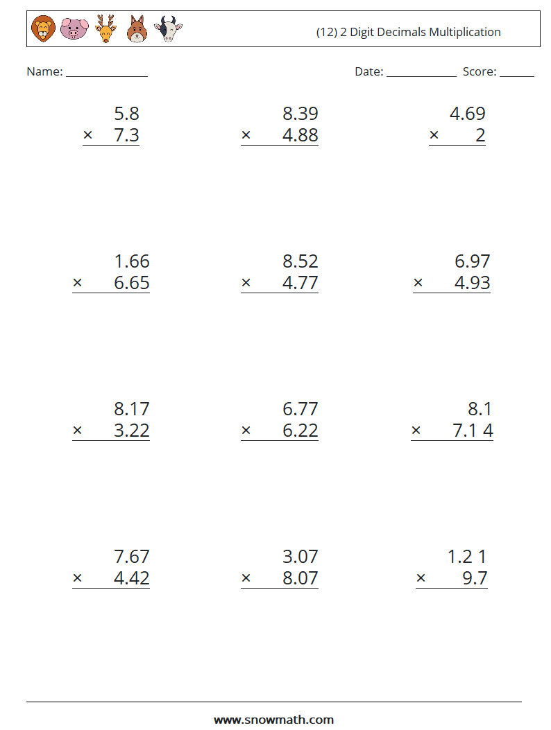 (12) 2 Digit Decimals Multiplication Maths Worksheets 7