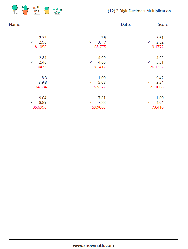 (12) 2 Digit Decimals Multiplication Maths Worksheets 9 Question, Answer