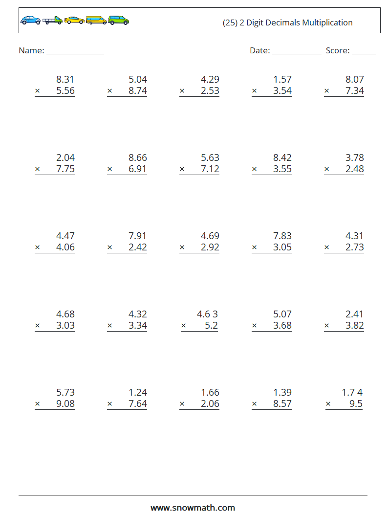 (25) 2 Digit Decimals Multiplication Maths Worksheets 1
