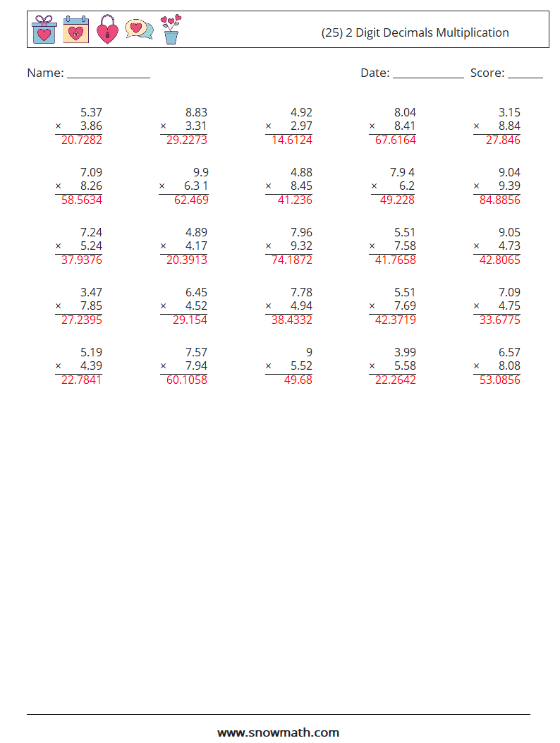 (25) 2 Digit Decimals Multiplication Maths Worksheets 11 Question, Answer