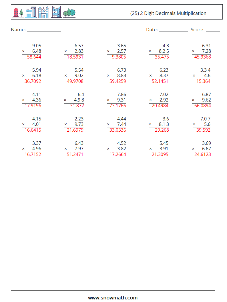(25) 2 Digit Decimals Multiplication Maths Worksheets 12 Question, Answer